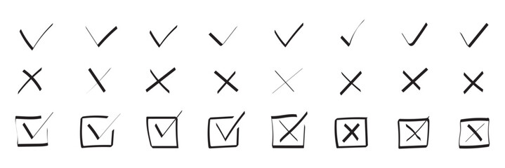 Check tick mark icon set. Cross box x check mark checkbox v list vector draw hand drawn sketch doodle brush marker checklist symbol wrong right circle. Vector Illustration