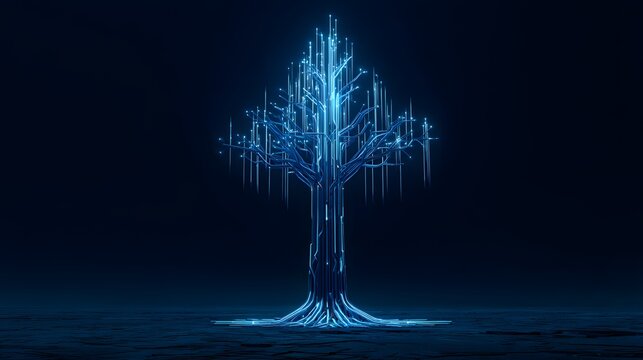 Glowing digital tree with blue circuits on dark background.