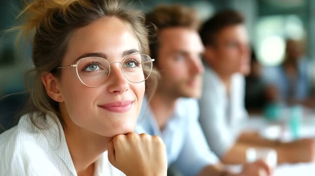 Group of confident young people in smart casual wear discussing business while having meeting in office, under gentle office light, highlighting collaborative spirit and engaged ex