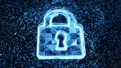 A glowing blue padlock icon superimposed on a background of binary code - Powered by Adobe