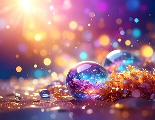 Two clear spheres display space-like galaxies, sparkling amid gilded shards and bokeh lights. A radiant sunburst bathes the scene