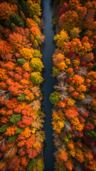 Aerial view of a dark river flowing through vibrant autumn forest