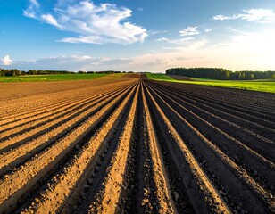 Aerial perspective shows cultivated fields under a bright blue sky