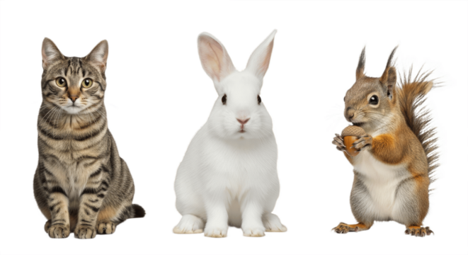 Set of Three Cute Animals – Cat, Rabbit, and Squirrel Isolated on White Background – Adorable Pet and Wildlife Collection Featuring Fluffy Domestic and Forest Creatures in High Detail for Nature and K