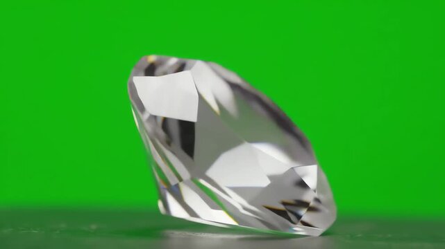 A faceted clear gemstone rests on a reflective dark surface against a green backdrop