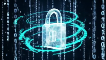A luminous padlock is centered against a dark backdrop of falling binary code