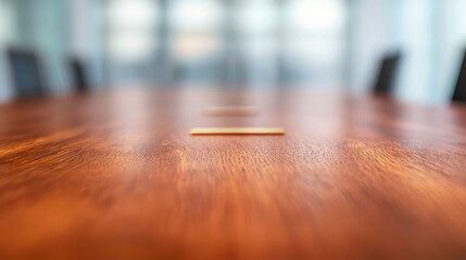 Empty Conference Table: A close-up view of a polished wooden conference table, exuding an aura of anticipation and readiness. The scene hints at pending discussions, meetings.