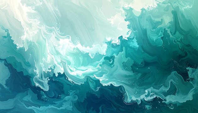 An abstract artwork depicting swirling shades of teal and turquoise, resembling an ethereal ocean or cosmic vista. Light shines through