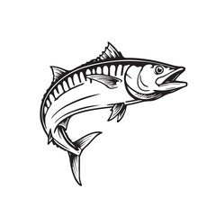 Detailed Black and White Line Art of a Jumping Tuna or King Mackerel