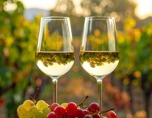 Two clear stemmed glasses filled with white wine are in focus, in front of a colorful out-of-focus vineyard