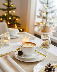 Fototapeta premium Elegant Latte Art: Festive Christmas Table Setting with Warm, Cozy Atmosphere, Candlight, and Pine Cones 
