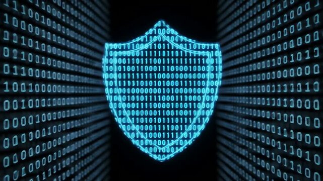 A neon blue shield made of binary code glows in the center of a digital tunnel