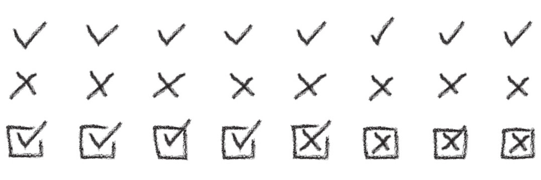 Check tick mark icon set. Cross box x check mark checkbox v list vector draw hand drawn sketch doodle brush marker checklist symbol wrong right circle. Vector Illustration