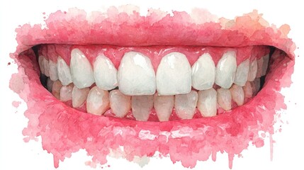 Watercolor Illustration of a Smiling Mouth with Teeth