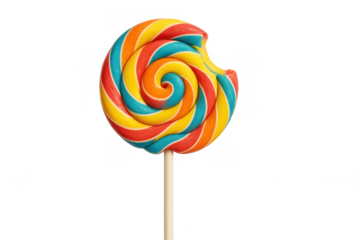 Bitten rainbow swirl lollipop with colorful stripes on a stick, sweet sugar candy treat, transparent background