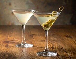 Two clear stemmed martini glasses, one with a creamy drink, the other with olives, sit on a wood table, aged backdrop