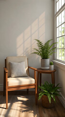 Fototapeta premium Cozy reading nook with armchair and plants by window