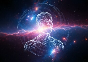 Explore the cosmic mind with this mesmerizing digital portrait of a human figure composed of glowing network connections amidst a stunning nebula background
