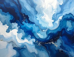 Plexiglas schilderij Kristal An abstract artwork in shades of blue features swirling patterns resembling water. Delicate silver lines add detail & create a dynamic, fluid effect  © Iyain