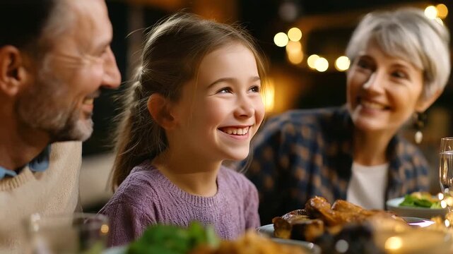 Happy multi-generation family communicating and smiling while having dinner together, under soft warm light, highlighting familial bond and cozy dining setting, serene home scene,