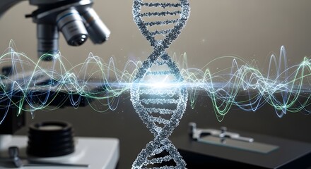 Close-up of DNA double helix model with glowing blue lines and microscope in a laboratory setting with a scientific mood.