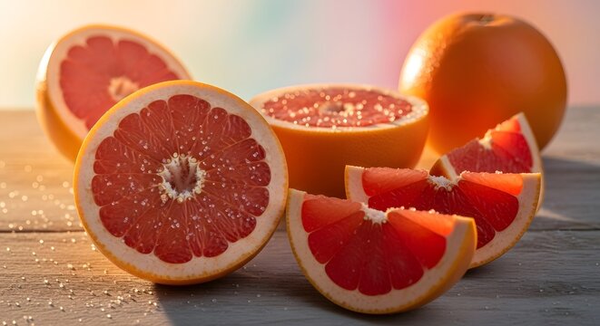 Close-up of freshly cut pink grapefruit on a rustic wooden table at sunset. The warm golden light illuminates the juicy segments and adds a vibrant touch.