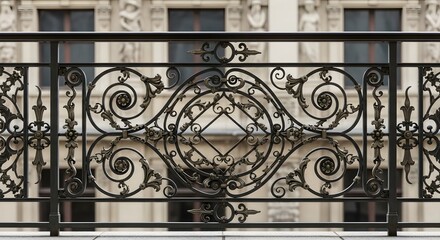 Close-up of an ornate black wrought iron railing with decorative swirls and patterns in front of a historic building facade.