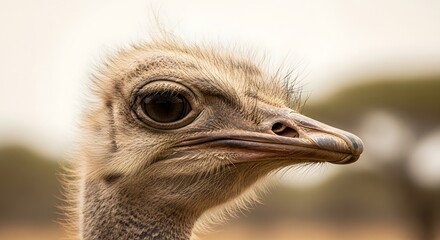 Close-up portrait of an ostrich's head with a blurred natural background.