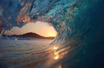 Naklejka premium Inside a powerful ocean wave at sunset with golden light and distant island