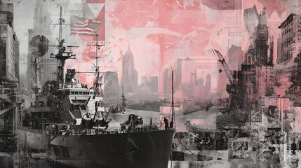 Fototapeta premium Historic naval vessel docks in a city with a faded flag backdrop.