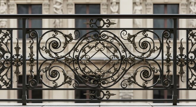 Close-up of an ornate black wrought iron railing with decorative swirls and patterns in front of a historic building facade.