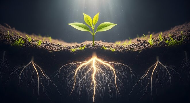 Cross section of soil showing a young plant with glowing, deep roots. Growth, new life, and strong foundation concept. Seedling absorbing nourishment in fertile ground under sunlight.