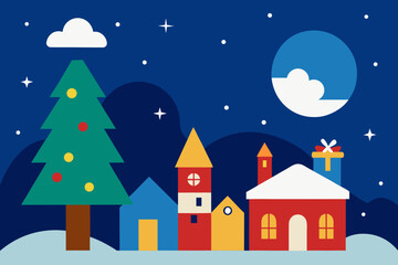 Festive winter village scene with decorated christmas tree and moon silhouette isolated on white background