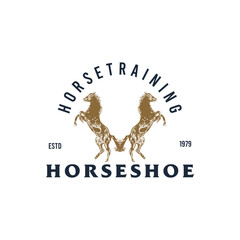 Equestrian training logo design with symmetrical horses and horseshoe element creating a brand