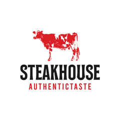 Steakhouse logo design featuring a red cow silhouette for culinary branding with a rustic appeal
