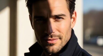 Close-up portrait of a serious man with short hair and stubble standing in front of a beige wall with natural light casting a shadow on his face.