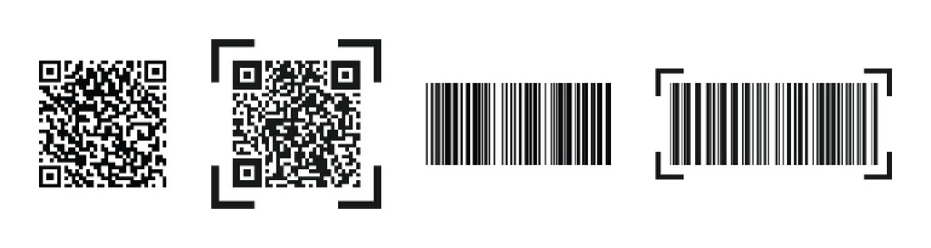 Flat QR and barcode vector design. Vector set of barcode and QR code symbols. Clean and modern code icons representing data, scanning, and digital identification.