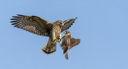 Two brown birds in mid-air, one with wings spread wide and the other with wings slightly raised, against a clear blue sky.