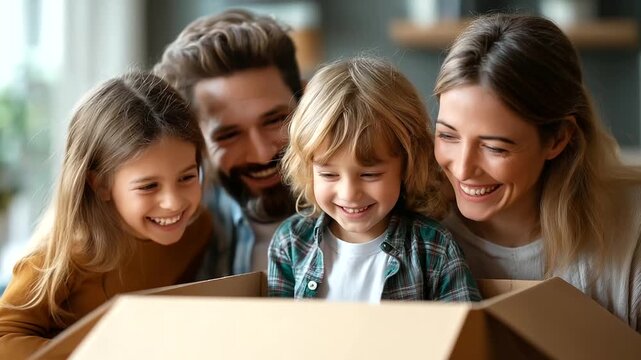 Family smiling and unboxing their stuff while moving into a new apartment, under gentle natural light, showcasing joyful teamwork and homey backdrop, serene home scene, calm moving