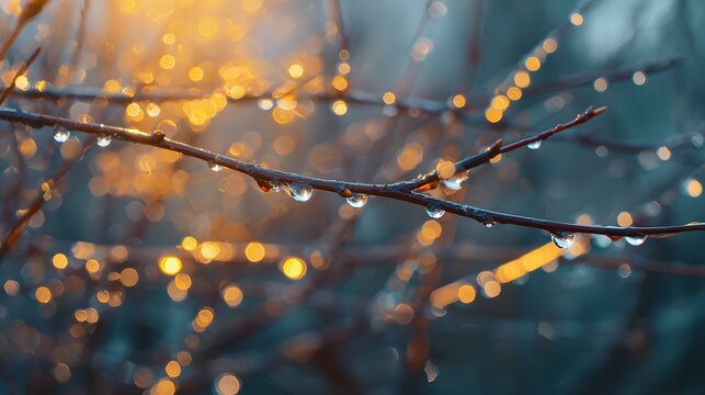 Raindrops cling to bare branches with golden bokeh lights.