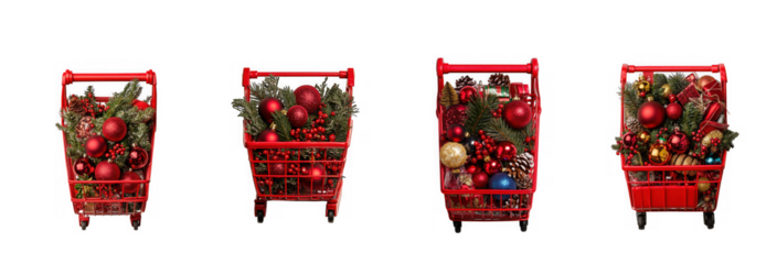 Four red shopping carts filled with christmas ornaments and greenery, isolated on transparent background