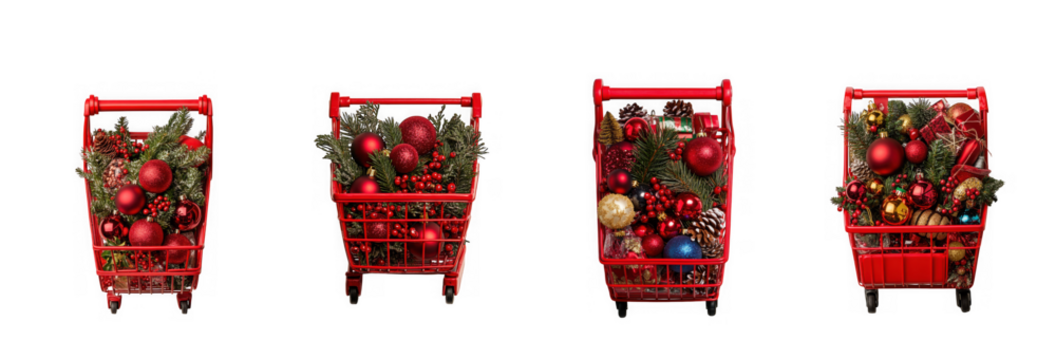 Four red shopping carts filled with christmas ornaments and greenery, isolated on transparent background - Powered by Adobe