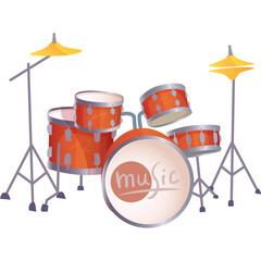 Colorful Drum Set With Cymbals And The Word Music On The Bass Drum On A Transparent Background