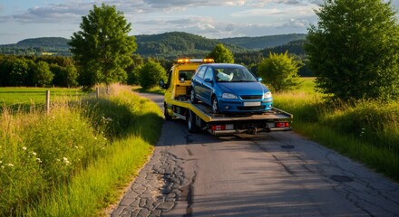 Fototapeta premium Yellow tow truck transports blue damaged car on a rural road. Vehicle assistance and breakdown recovery concept. Transportation service.