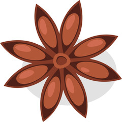 Close up of a cartoon star anise spice with eight brown pointed petals radiating from a central circle on a light gray circular background isolated on white
