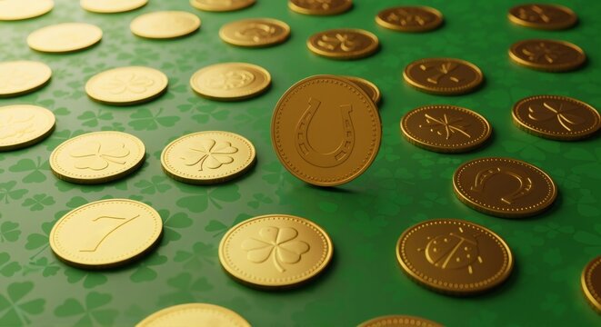 Golden coins with lucky charms on green background with shamrocks. Shiny gold money for good fortune or St Patrick's Day.