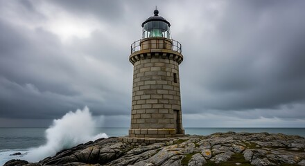 Stone lighthouse stands against crashing waves under stormy skies