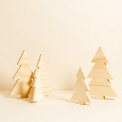 Minimalist Christmas: Group of Unfinished Wooden Christmas Tree Decorations on Neutral Beige Background - DIY Craft Project Concept                   