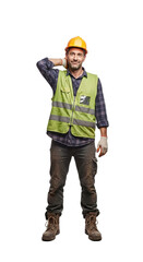 A construction worker in a hard hat and safety vest stands with his hand behind his head, smiling.