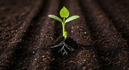 Close up of a small plant seedling growing from deep, tilled, fertile soil. Growth, agriculture, and new beginning concept. Young plant with visible roots establishing itself in the earth.